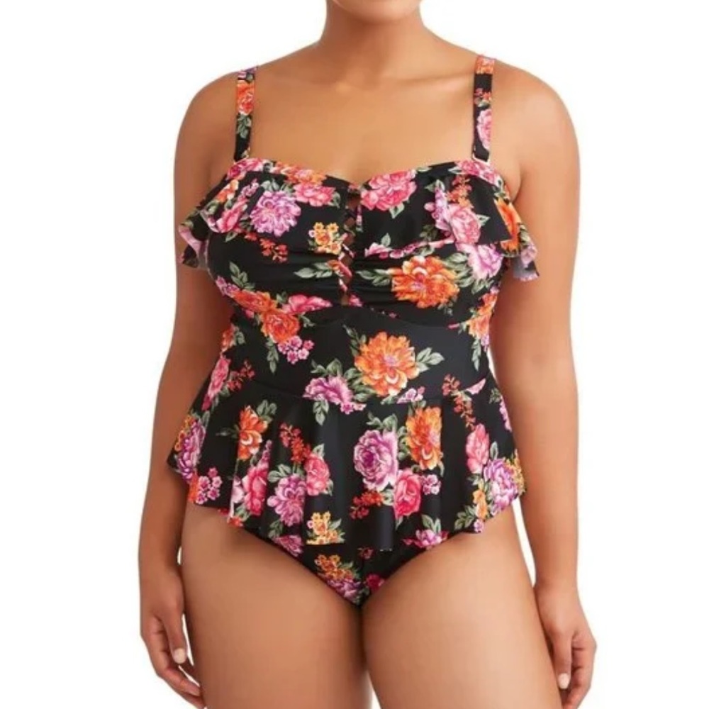 Terra & Sky Size 1X Black, Pink Floral Convertible Ruffle One Piece Swimsuit